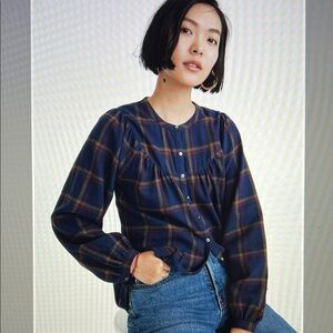 Madewell Flannel Balloon-Sleeved Top in Plaid